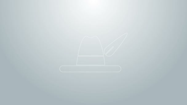 Blaue Linie Wiesn-Hut-Symbol isoliert auf grauem Hintergrund. Jägerhut mit Feder. Deutscher Hut. 4K Video Motion Grafik Animation — Stockvideo
