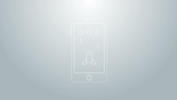 Blå linje Smartphone och spela i spelet ikonen isolerad på grå bakgrund. Mobilt spelkoncept. 4K Video motion grafisk animation — Stockvideo