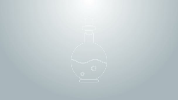 グレーの背景に魔法のエリキシルアイコンが分離されたブルーラインガラスボトル。コンピュータゲーム資産。4Kビデオモーショングラフィックアニメーション — ストック動画