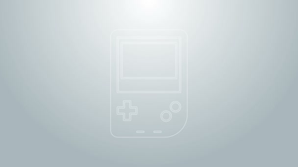 Kék vonal Hordozható videojáték konzol ikon elszigetelt szürke alapon. Gamepad jel. Játékkoncepció. 4K Videó mozgás grafikus animáció — Stock videók
