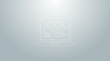 Dizüstü bilgisayar simgesindeki mavi çizgi genetik modifikasyonu gri arkaplanda izole edildi. DNA analizi, genetik testler, klonlama. 4K Video hareketli grafik canlandırması