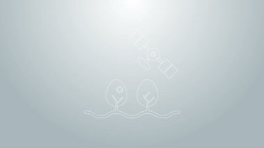 Mavi çizgi İHA kontrollü akıllı çiftlik ve gri arka planda izole ağaç simgesi. Tarım şirketi için icat teknolojisi. 4K Video hareketli grafik canlandırması