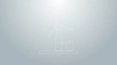 Mavi çizgi rüzgar türbini simgesi gri arkaplanda izole edildi. Rüzgar jeneratörü işareti. Elektrik üretimi için yel değirmeni. 4K Video hareketli grafik canlandırması