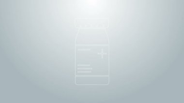 Mavi çizgi ilaç şişesi ve gri arka planda izole edilmiş ilaç ikonu. Şişe hapı işareti. Eczane tasarımı. 4K Video hareketli grafik canlandırması