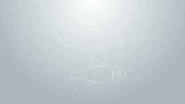 Mavi çizgi Balık simgesi gri arkaplanda izole edildi. 4K Video hareketli grafik canlandırması