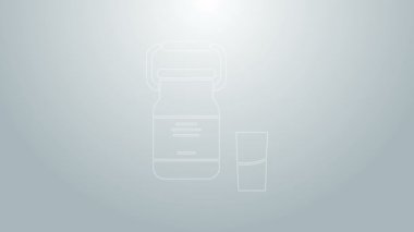 Mavi çizgi konteynır, gri arka planda izole edilmiş süt ve cam ikon için. 4K Video hareketli grafik canlandırması