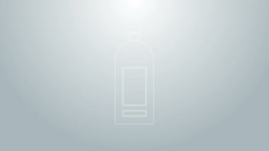 Mavi çizgili şampuan şişesi gri arka planda izole edilmiş. 4K Video hareketli grafik canlandırması