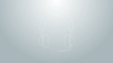 Mavi çizgi kulaklık simgesi gri arkaplanda izole edildi. Kulaklıklar. Müzik, hizmet, iletişim ve operatör konsepti. 4K Video hareketli grafik canlandırması