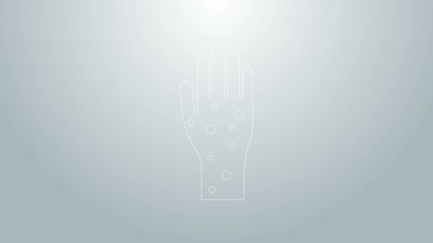 Blauwe lijn Hand met psoriasis of eczeem pictogram geïsoleerd op grijze achtergrond. Concept van de menselijke huidrespons op allergeen of chronisch lichaamsprobleem. 4K Video motion grafische animatie — Stockvideo