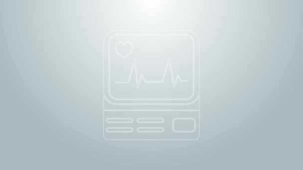 Linea blu Monitor per computer con icona cardiogramma isolato su sfondo grigio. Icona di monitoraggio. Monitoraggio ECG con battito cardiaco disegnato a mano. Animazione grafica 4K Video motion — Video Stock