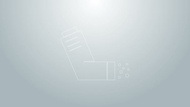 Blaue Linie Inhalator Symbol isoliert auf grauem Hintergrund. Atemluft gegen Husten, Inhalation, Allergiker. Medizinische Allergie Asthma Inhalator Spray. 4K Video Motion Grafik Animation — Stockvideo