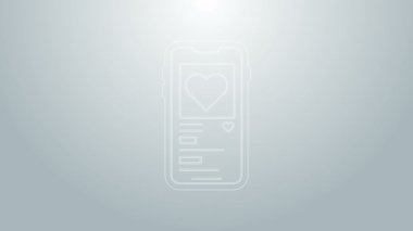 Gri arka planda kalp ikonu olan mavi hat cep telefonu. Sevgililer Günü. 4K Video hareketli grafik canlandırması