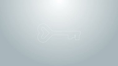 Mavi çizgi anahtarı, gri arkaplanda izole edilmiş kalp şekli simgesi. Sevgililer Günü sembolü. 4K Video hareketli grafik canlandırması