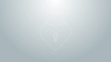 Gri arkaplanda izole edilmiş kalp simgesi şeklinde mavi çizgi bir kale. Kilitli Kalp. Aşk sembolü ve anahtar deliği işareti. 4K Video hareketli grafik canlandırması