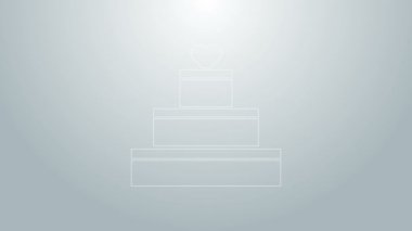 Gri arka planda kalp ikonu olan mavi çizgi düğün pastası. Sevgililer Günü sembolü. 4K Video hareketli grafik canlandırması