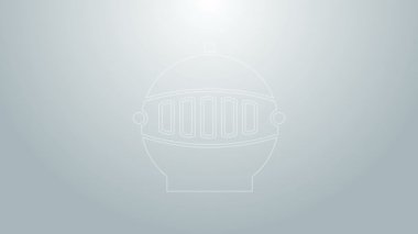 Mavi çizgi Ortaçağ demir miğferi, gri arka planda izole edilmiş kafa koruma ikonu. 4K Video hareketli grafik canlandırması