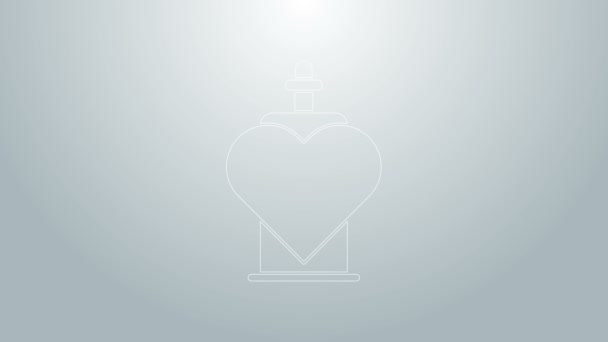 Línea azul Botella con icono de poción de amor aislado sobre fondo gris. Símbolo de San Valentín. Animación gráfica de vídeo 4K — Vídeos de Stock