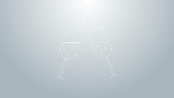 Blue line Glass of champagne icon isolated on grey background. 4K Video motion graphic animation — Stock Video