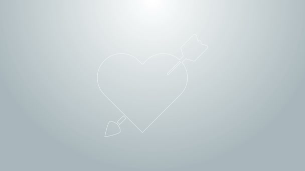 Синя лінія Синій символ Амур з серцем і стрілою ізольовані на сірому фоні. Знак любові. Символ Валентина. 4K Відео рух графічна анімація — стокове відео