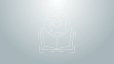 Mavi çizgi Dünya küresi ve kitap ikonu gri arka planda izole edildi. Dünya ya da Dünya işareti. Küresel internet sembolü. Geometrik şekiller. 4K Video hareketli grafik canlandırması