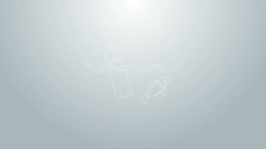 Mavi çizgi. Okyanus ikonunun kirliliği sorunu gri arka planda izole edilmiş. Çöpler, plastikler, denizdeki poşetler. 4K Video hareketli grafik canlandırması