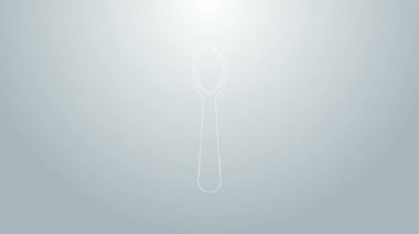 Mavi çizgi tek kullanımlık plastik kaşık simgesi gri arka planda izole edilmiş. 4K Video hareketli grafik canlandırması