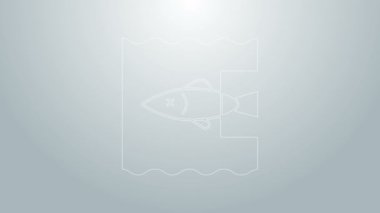 Mavi çizgi, gri arkaplanda izole edilmiş okyanus plastik kirliliği ikonunu durdur. Çevre koruma kavramı. Balıklar plastiğe hayır der. 4K Video hareketli grafik canlandırması
