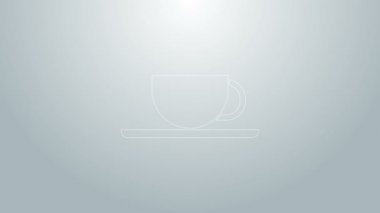 Mavi çizgi kahve fincanı simgesi gri arkaplanda izole edilmiş. Çay fincanı. Sıcak içecek kahvesi. 4K Video hareketli grafik canlandırması