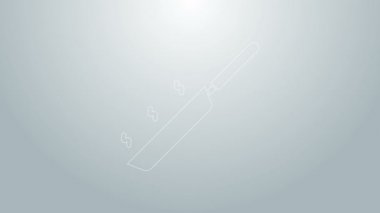 Mavi çizgi kızartma tavası simgesi gri arkaplanda izole edildi. Kızartma veya kızartma gıda sembolü. 4K Video hareketli grafik canlandırması