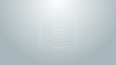 Ekran dizüstü bilgisayarındaki mavi çizgi alışveriş arabası gri arka planda izole edilmiş. Konsept e-ticaret, e-ticaret, online iş pazarlama. 4K Video hareketli grafik canlandırması