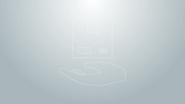 Gri arkaplanda izole edilmiş karton kutu simgesi olan mavi çizgi teslimat eli. Kuryeyle kapı kapı dolaşacağız. 4K Video hareketli grafik canlandırması