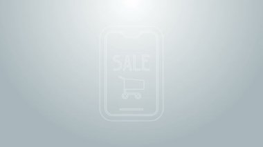 Mavi hat cep telefonu ve alışveriş arabası simgesi gri arkaplanda izole edilmiş. İnternetten satın alma sembolü. Süpermarket sepeti sembolü. 4K Video hareketli grafik canlandırması