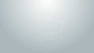 Mavi çizgi alışveriş arabası simgesi gri arka planda izole edildi. Yiyecek dükkanı, süpermarket. 4K Video hareketli grafik canlandırması