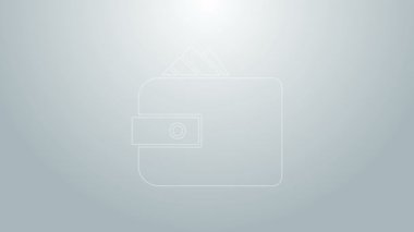 Üzerinde kağıt para desteleri olan mavi çizgili cüzdan gri arka planda izole edilmiş nakit para ikonu. Çanta ikonu. Nakit tasarruf sembolü. 4K Video hareketli grafik canlandırması