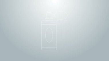Mavi çizgili tıraş losyonu şişesi ve gri arka planda izole edilmiş atom ikonu. Parfüm spreyi ikonu. Erkek parfüm şişesi. 4K Video hareketli grafik canlandırması