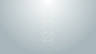 Mavi çizgi klasik berber dükkânı ikonu gri arka planda izole edilmiş. Berber dükkanı direği sembolü. 4K Video hareketli grafik canlandırması