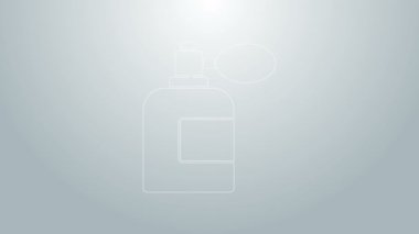 Mavi çizgili tıraş losyonu şişesi ve gri arka planda izole edilmiş atom ikonu. Parfüm spreyi ikonu. Erkek parfüm şişesi. 4K Video hareketli grafik canlandırması