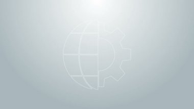 Dünya 'nın mavi çizgisi Globe, gri arka planda izole edilmiş dişli ya da dişli simgesi. Parametreler ayarlanıyor. Global Seçenekler. 4K Video hareketli grafik canlandırması