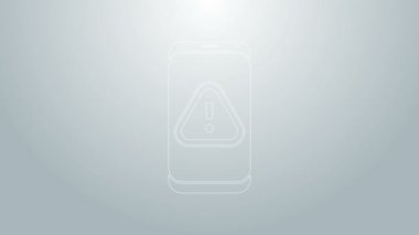 Gri arkaplanda ünlem işareti simgesi olan mavi çizgi cep telefonu. Uyarı mesajı akıllı telefon uyarısı. 4K Video hareketli grafik canlandırması