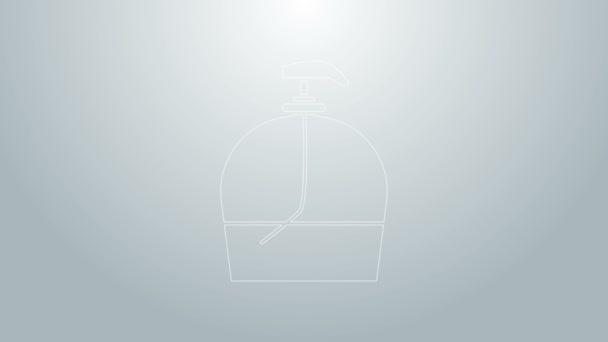 Blue line Bottle of liquid antibacterial soap with dispenser icon isolated on grey background. Disinfection, hygiene, skin care. 4K Video motion graphic animation — Vídeos de Stock