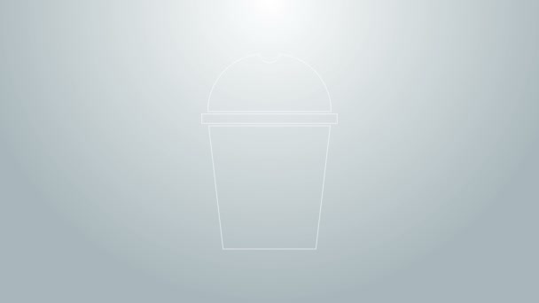 青線グレーの背景に分離された紙ガラスと水のアイコン。ソーダドリンクグラス。新鮮な冷たい飲み物のシンボル。4Kビデオモーショングラフィックアニメーション — ストック動画