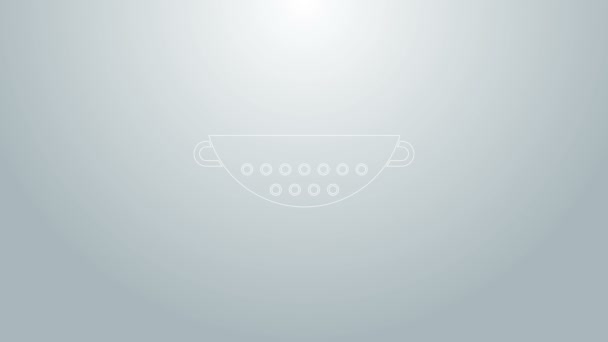 Niebieska linia Kuchnia ikona Colander izolowana na szarym tle. Przybornik kuchenny. Znak sztućców. 4K Animacja graficzna ruchu wideo — Wideo stockowe