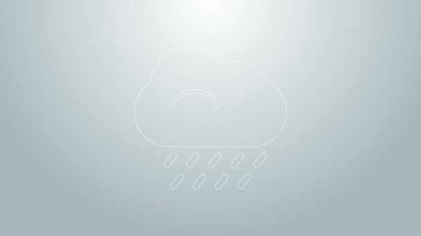 Linha azul Nuvem com ícone de chuva isolado no fundo cinza. Precipitação de nuvens de chuva com gotas de chuva. Animação gráfica em movimento de vídeo 4K — Vídeo de Stock