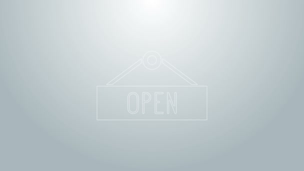 Modrá čára Závěsná značka s textem Ikona otevřených dveří izolovaná na šedém pozadí. Grafická animace pohybu videa 4K — Stock video