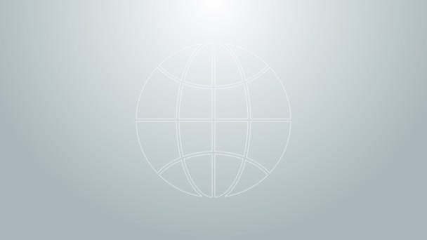 Línea azul Icono mundial aislado sobre fondo gris. Pin en el globo. Animación gráfica de vídeo 4K — Vídeo de stock