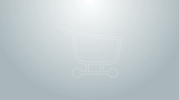 Mavi çizgi alışveriş arabası simgesi gri arka planda izole edildi. Yiyecek dükkanı, süpermarket. 4K Video hareketli grafik canlandırması — Stok video