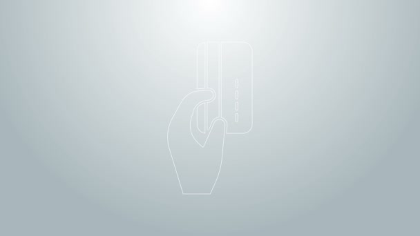Modrá čára Lidská ruka s ikonou kreditní karty izolované na šedém pozadí. Online platba. Platit kartou. Finanční operace. Grafická animace pohybu videa 4K — Stock video