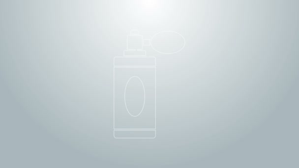 Blauwe lijn Aftershave fles met verstuiver pictogram geïsoleerd op grijze achtergrond. Keulen spray icoon. Mannelijke parfumfles. 4K Video motion grafische animatie — Stockvideo