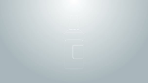 Linha azul Barba e bigodes cuidados ícone garrafa de óleo isolado no fundo cinza. Garrafa de vidro com pipeta. Animação gráfica em movimento de vídeo 4K — Vídeo de Stock