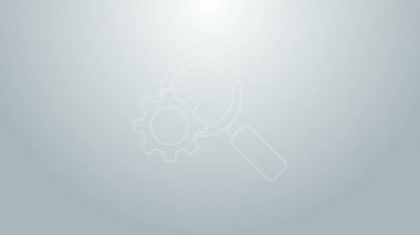 Mavi çizgi büyüteç ve vites simgesi gri arka planda izole edildi. Arama ekipmanı. İş analizi sembolü. 4K Video hareketli grafik canlandırması